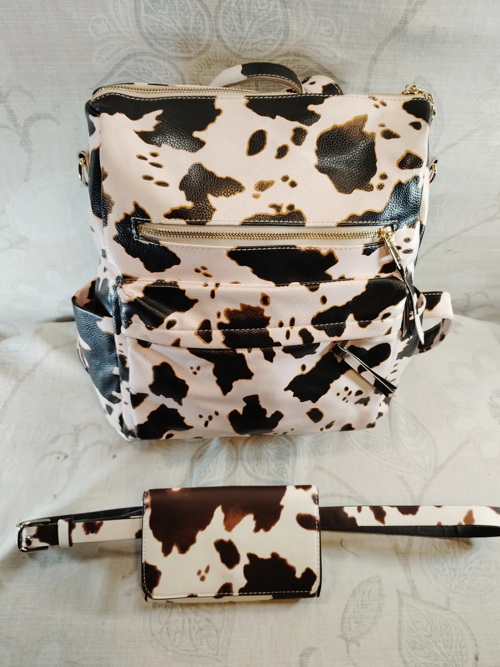 Backpack with Matching Belt Bag In A Cow-print - Brown Cream & Slight Pink Hue